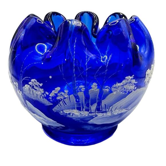 Vintage Fenton Cobalt Blue Rose Bowl hand Painted Signed Snow Winter Scene - Picture 6 of 13